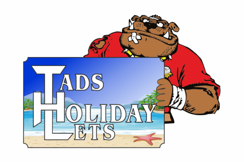 Tads Holiday Lets logo with cartoon character in red shirt on Benidorm beach background