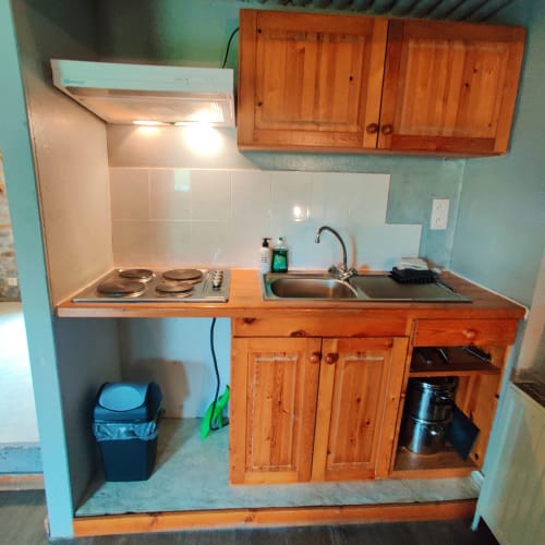 Compact kitchenette in La Ferme De Werpin apartment with electric hob, sink, and wooden cabinets in Hotton, Belgium