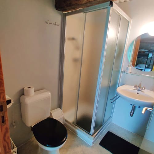 Bathroom with toilet, sink, and glass shower enclosure at La Ferme De Werpin B&B apartment in Hotton