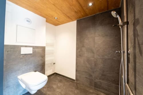 Salle de bain moderne au Domaine de l'Epigny avec douche ouverte, toilettes murales et plafond en bois