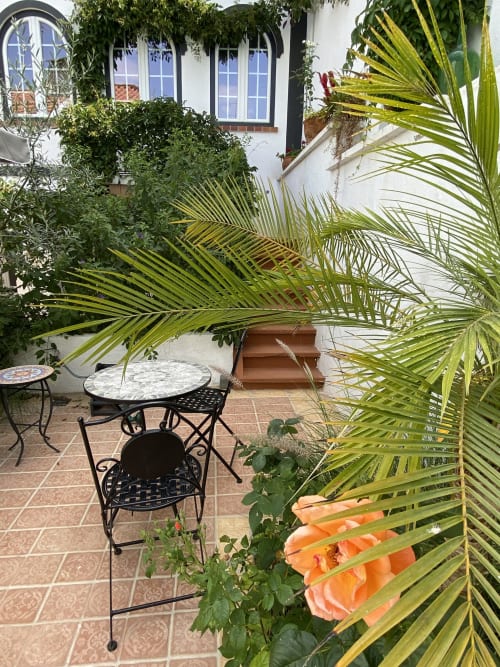 Pátio exuberante da pousada Patio Da Villa em Coruche, com palmeiras, flores laranja e mobiliário em ferro forjado