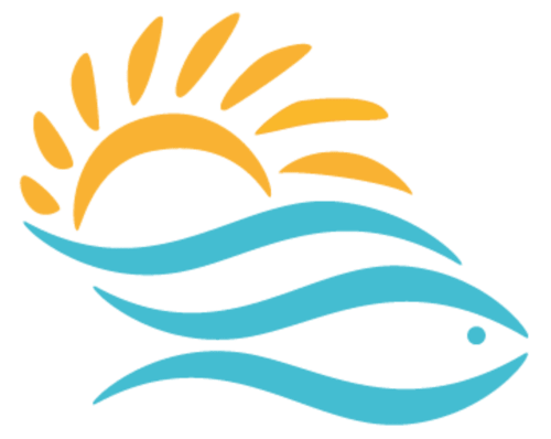 Logo estilizado de sol y pez que representa la hospitalidad costera de Colonia de Sant Jordi