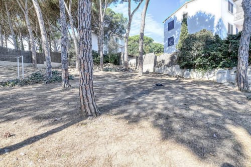 Palafrugell apartment garden with tall trees, sandy ground, and blue-shuttered building in Mediterranean setting