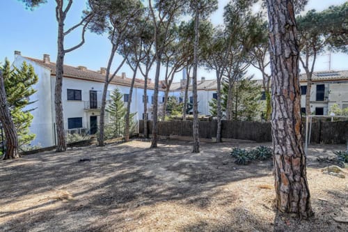 Mediterranean courtyard with tall pine trees, white-walled apartment building, and sandy grounds in Palafrugell, Spain