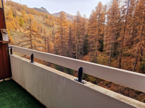 "Balcon de l'appartement à Vars-les-Claux, offrant une vue imprenable sur les mélèzes d'automne, avec leurs épines jaunes créant un spectacle naturel coloré, parfait pour profiter de l'ambiance automnale en montagne."
