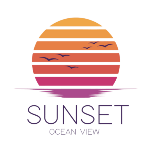 Sunset Ocean View Logo mit Farbverläufen und Vögeln, Hotelmarke Arguineguín