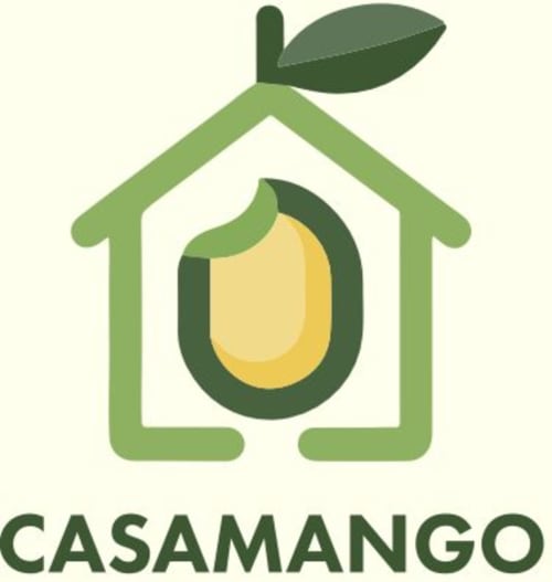 Logo del hotel Casa Mango con silueta de casa verde, aguacate y hoja en su interior, Cali Colombia