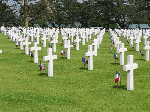 American military cemetery with white crosses in Normandy, France near Isigny-sur-Mer