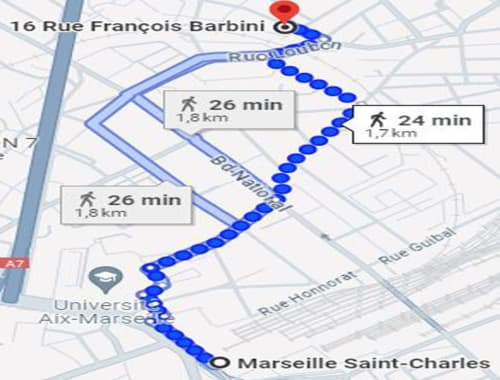 alt="trajet à pied de la gare Saint Charles de Marseille à bed and breakfast chez l'habitant"