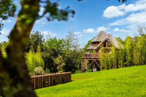 Wooden treehouse structure at Domaine De Campagnac B&B in Carsac-Aillac, surrounded by green meadow and forest