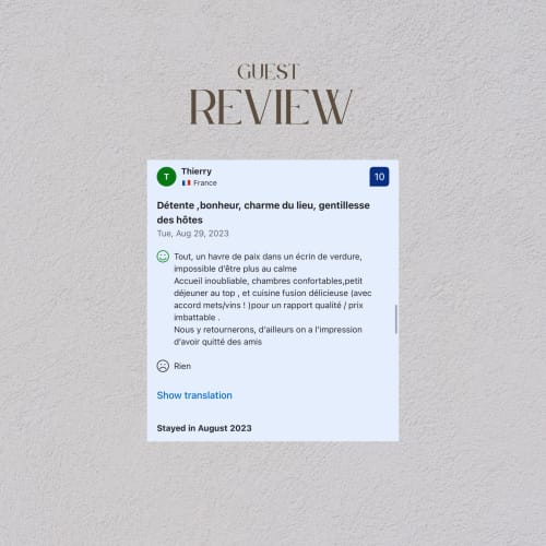 Guest review from Thierry (France) rating La Guirtelle B&B 10/10 for charm and hospitality in Lainsecq