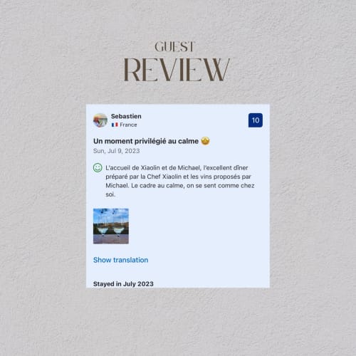 Guest review from Sebastien, France rating La Guirtelle 10/10 for peaceful accommodation and excellent dining experience in