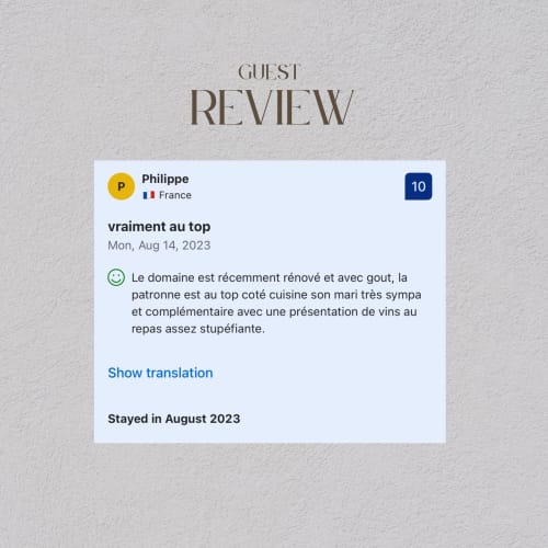 Guest review from Philippe, France giving La Guirtelle a 10/10 rating for excellent cuisine and wine selection