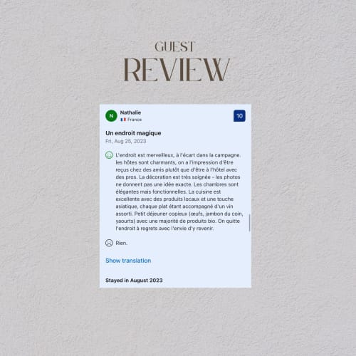 Guest review card for La Guirtelle B&B in Lainsecq, France, rating 10/10 from Nathalie