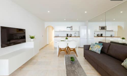 Modern 1-bedroom apartment in Arguineguín with open-plan living, white kitchen, dining area, and gray sofa with sea view