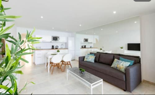 Modern open-plan apartment with dark sofa, white kitchen, and green plants in Arguineguín