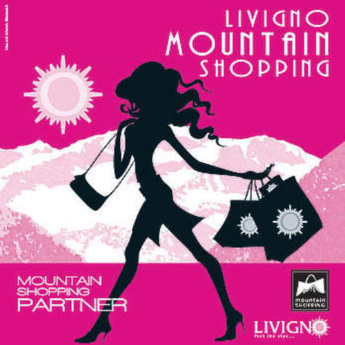 Woman shopping in Livigno mountains with sun and shopping bags on bright pink backdrop