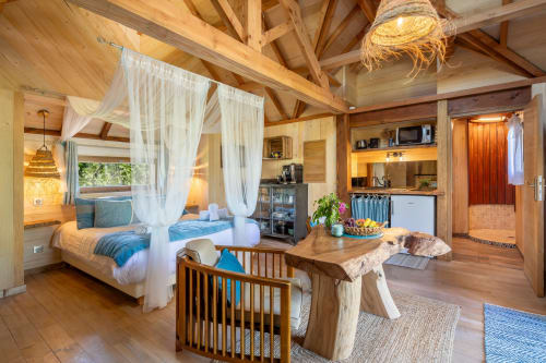 Béquia room at Domaine De Campagnac in Carsac-Aillac with canopy bed, wooden beams, kitchenette, and garden view