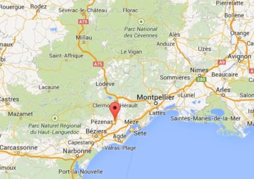 Carte montrant la localisation de Mes à Moi Pézenas dans le sud de la France près de Montpellier et de la côte méditerranéenne