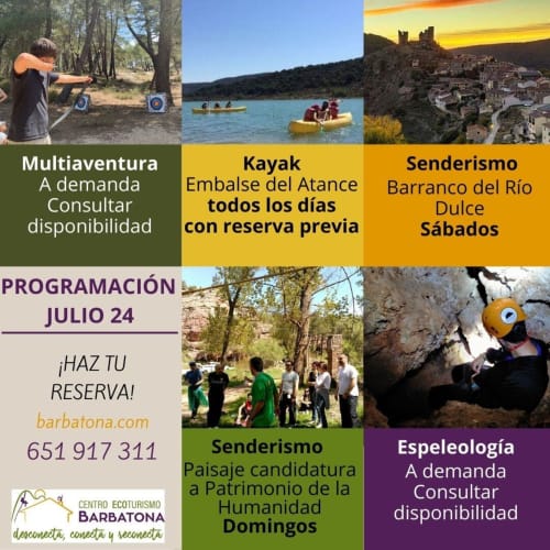 Cartel de programas de actividades de Casa Rural La Perla en Hiendelaencina: kayak, senderismo y espeleología