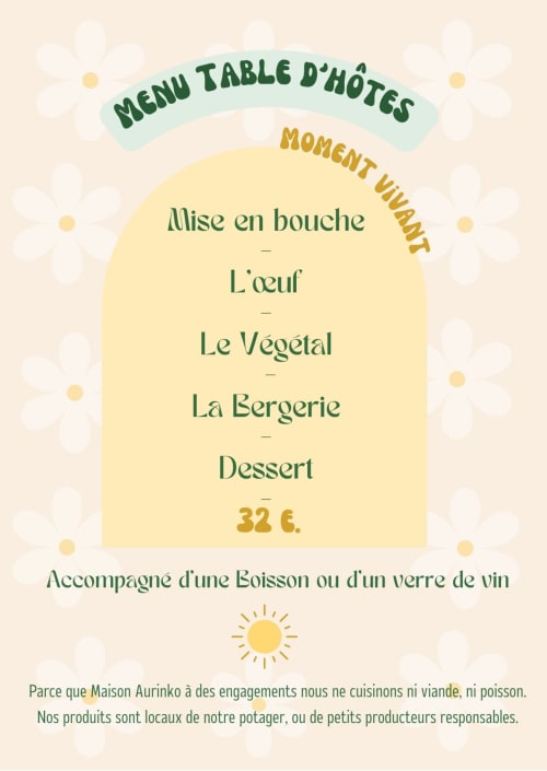 Menu table d'hôtes Maison Aurinko Thénon avec cours végétariens et vin, 32€