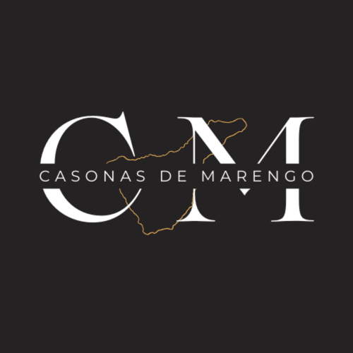 Logo Casonas de Marengo con tipografía elegante y contorno de mapa, marca hotelera de Icod de los Vinos