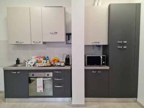 Moderna manja kuhinja u torinskom apartmanu s tamnim ormarima, štednjakom, pećnicom, mikrovalnom i stavkama za doručak na pultu
