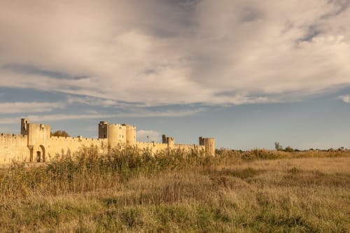 Medieval castle ruins surrounded by golden grassland, Le Prieuré Notre-Dame in Montfrin, France