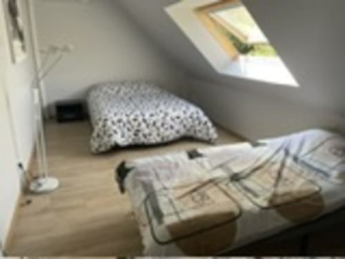 Cozy attic bedroom at Les Gites De Flaubert with sloped ceiling, skylight, wooden floor, and patterned bedding in Le Heron,
