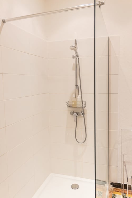 Modern glass-enclosed shower with rainfall showerhead and handheld spray in François Room at Le Prieuré Notre-Dame, Montfrin