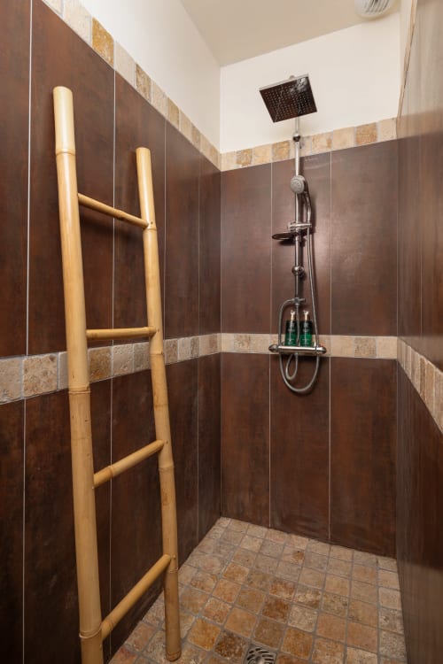 Moderne badkamer met douche met donkerbruine tegelmuren, decoratieve rand, regendouchekop en bamboe handdoekrek in Domaine