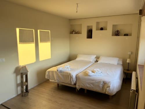 Dormitorio moderno en Casa Tapiolas de Molló con camas gemelas, arte mural iluminado y estanterías empotradas