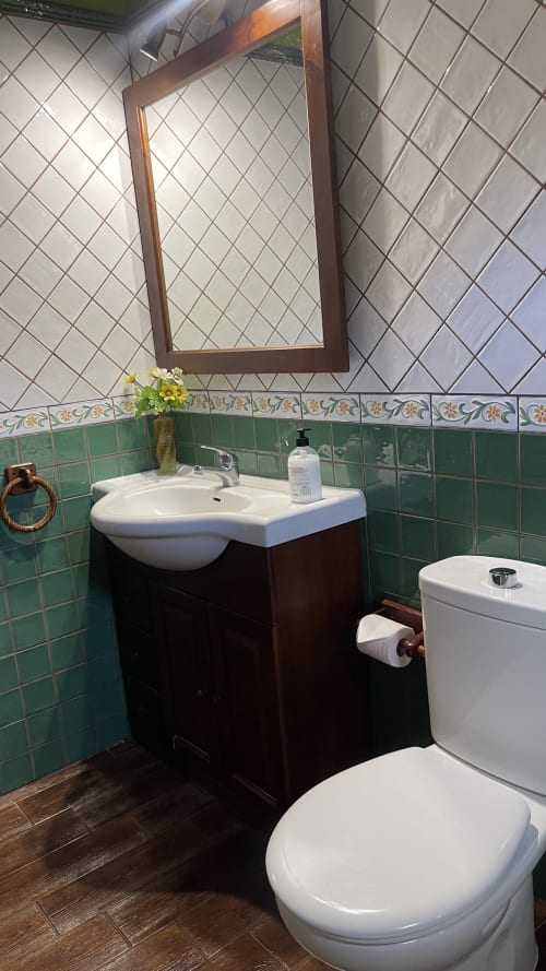 Bathroom in El Teide cottage at Casonas de Marengo, Icod de los Vinos, with white sink, toilet, and green tile walls
