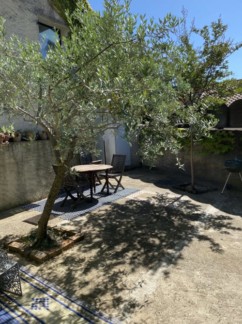 Cour ensoleillée du Mas du Fort avec olivier, table de repas et murs en pierre à Gargas