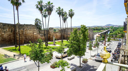 Muros de piedra históricos y palmeras en Gestyp-AT de Mérida, España, con patio verde y vistas de la ciudad