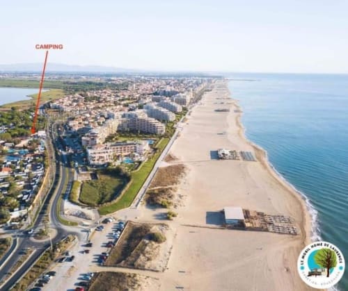 Vue drone Camping SIBLU MAR ESTANG + étang + plage mer soleil accès privé moins 100m 2 min