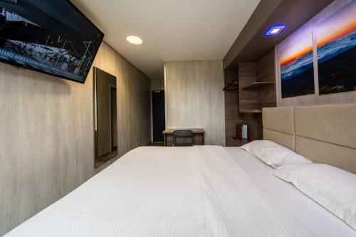Moderna habitació de luxe a l'Hôtel Rocade de Pamiers amb llit queen, televisió de pantalla plana i vistes al jardí