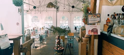 Bright restaurant interior with hanging plants, arched windows, and Loire Valley views at Domaine de l'Oie Rouge near Angers