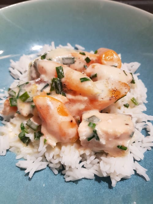Seared shrimp over rice with fresh chives at Domaine de l'Oie Rouge, Loire Valley