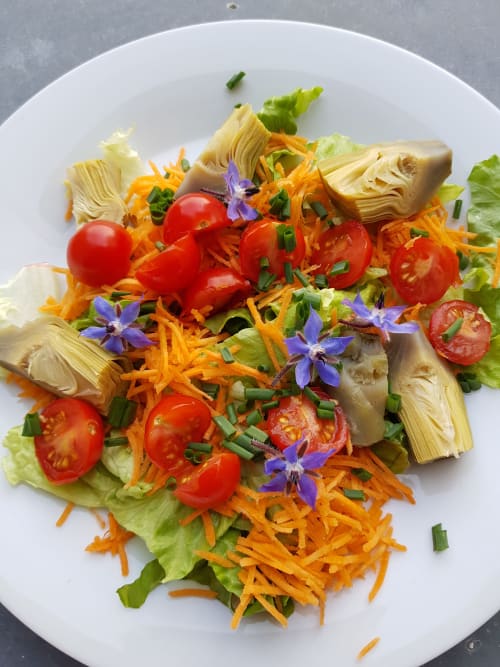 Colorful salad with artichoke, tomato, shredded carrot, purple flowers and greens at Domaine de l'Oie Rouge
