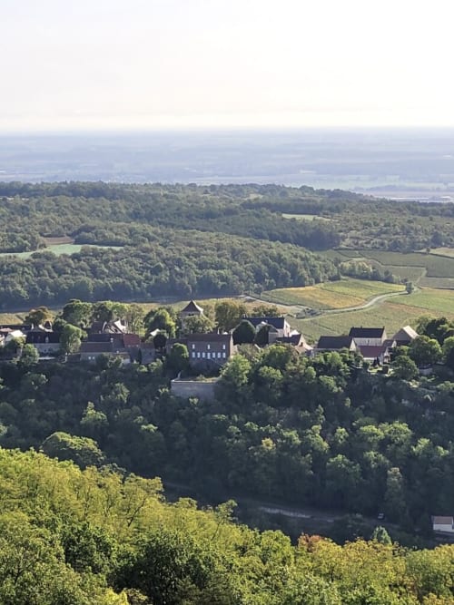 Aerial view of Gites bo B&B in Saint-Romain, France, surrounded by lush green forests and agricultural fields