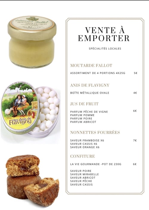 Spécialités gourmandes françaises en vente aux Gîtes bo à Saint-Romain : moutarde, bonbons anis, jus de fruit, nougat et confitures