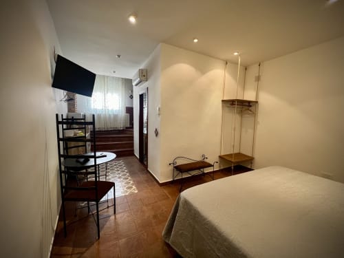 Modern bedroom at Complejo Turístico Retiro del Teatro in Ciudad Real with bed, TV, desk, wooden flooring and courtyard views