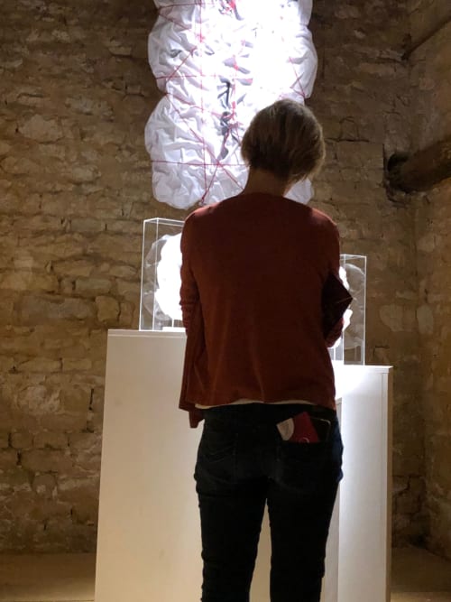 Visiteur observant une installation d'art contemporain au Domaine de l'Ocrerie, un gîte français à Pourrain