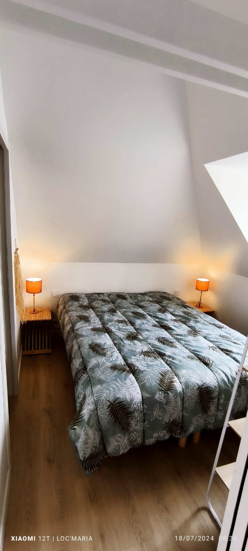 Chambre douillette sous les toits à Loc'Maria Belle Île avec literie à motifs de fougères, lampes orangées et plafond blanc en pente