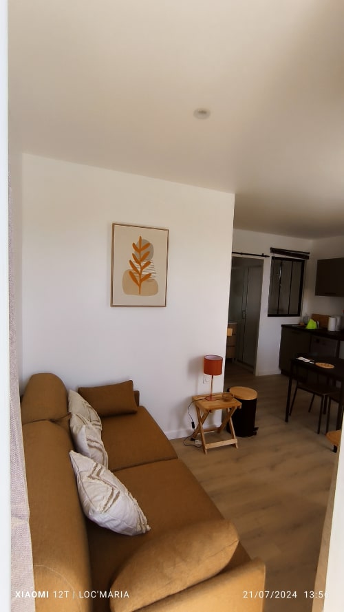 Petit studio cosy à Loc'Maria Belle Île avec canapé marron, mobilier en bois et œuvres d'art modernes sur murs blancs