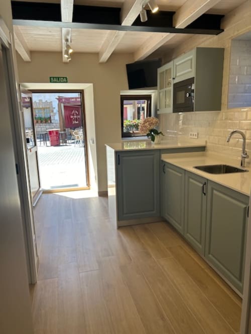 Cocina moderna del apartamento Las Llaviadas en Ortiguero de Cabrales con muebles grises, accesorios de acero inoxidable y vistas a la montaña
