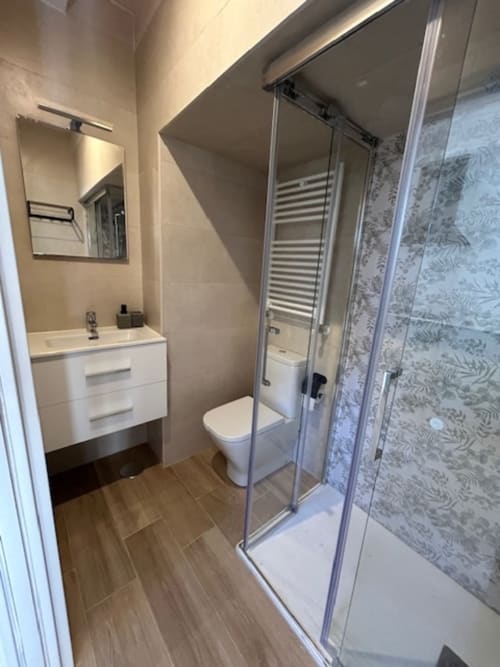 Baño moderno en el apartamento Las Llaviadas de Ortiguero de Cabrales con ducha, inodoro y lavabo blanco