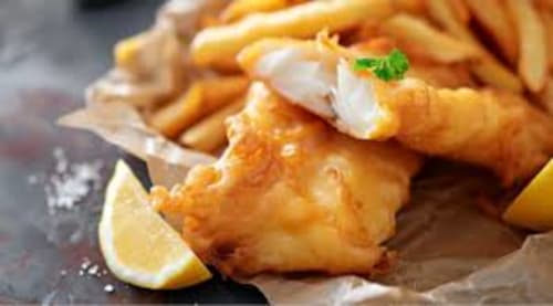 Golden fish and chips with lemon at Seabrook Lodge, Clifden, County Galway