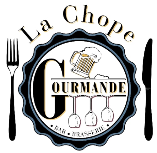Logo du Bar Brasserie La Chope Gourmande avec chope de bière, couverts et verres à vin près de Sainte-Luce-sur-Loire
